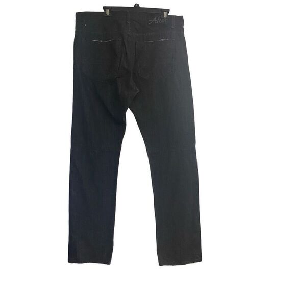 AKOO Men’s Button Fly Dark Wash Distressed Jeans Size 38X32 Reinforced Knee Blac - Picture 1 of 12
